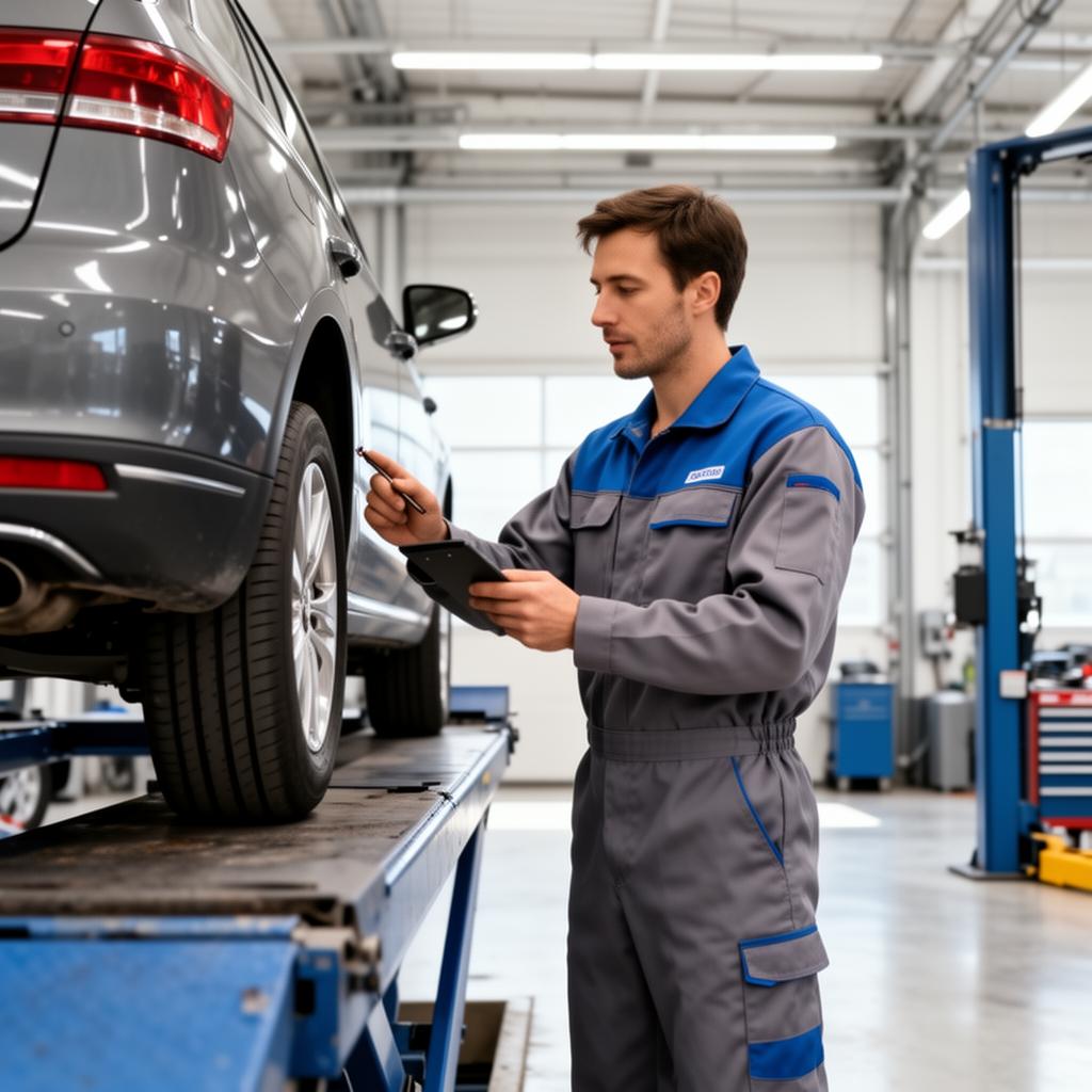Service technician inspecting a vehicle on a lift
