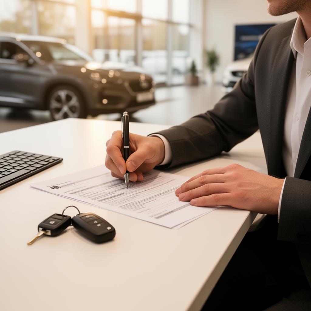 Customer signing paperwork at a dealership desk